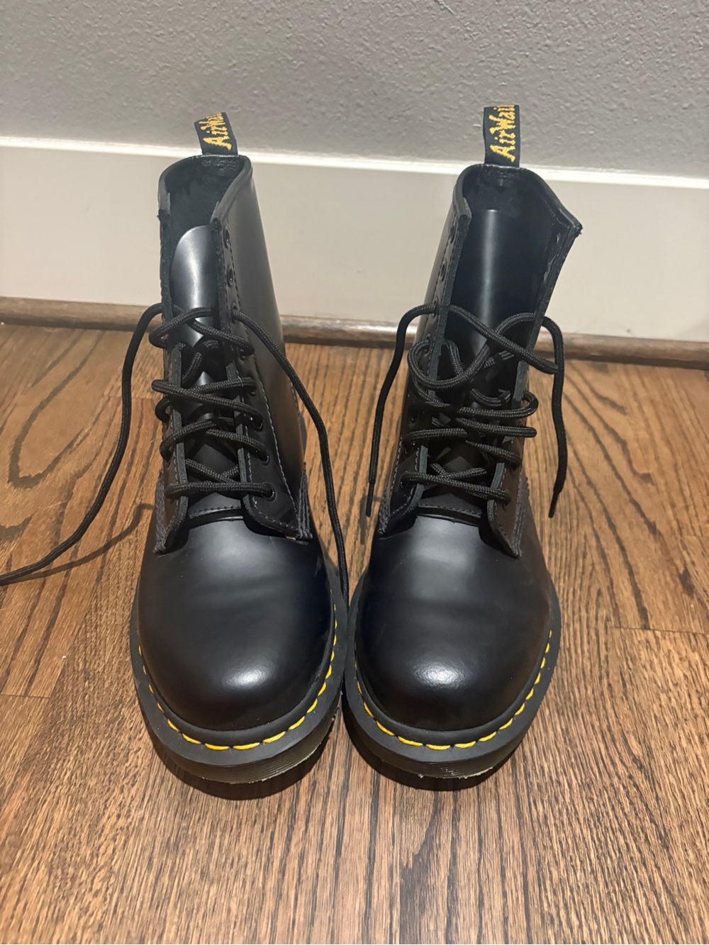 Dr. Martens Black Leather Lace-Up Boots with Yellow Stitching